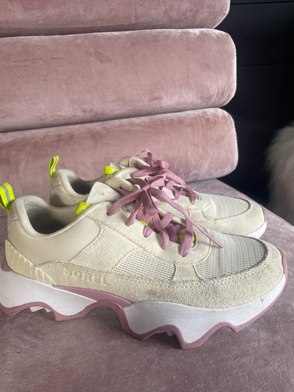 Sorel Kinetic Beige Sneakers with Pink & Neon Yellow Accents